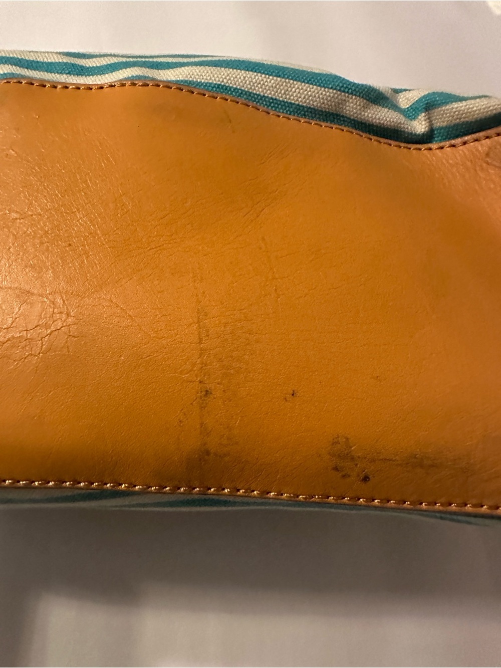 Tory Burch Teal and Cream Striped Canvas Small Sophia Tote with Tan Leather Trim - Picture 13 of 16
